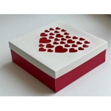 Коробка для зефира 20х20х7 c сердечками бело-красная